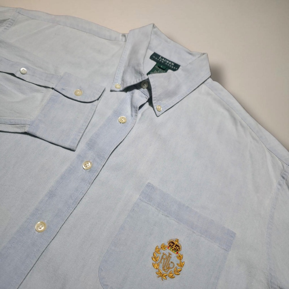 Vintage Ralph Lauren Light Wash Denim Button Shirt Crest Size Large Chambray